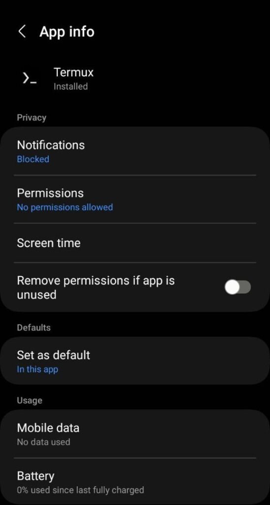 App info and permissions screen