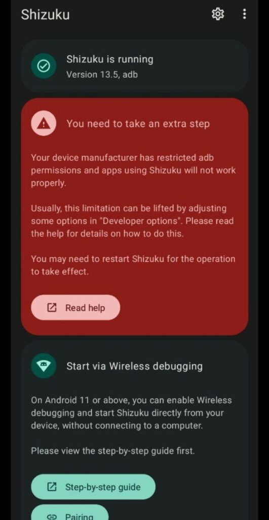 Shizuku error warning