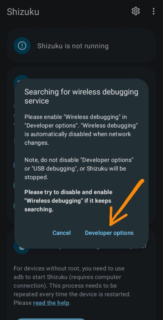 Searching for wireless debugging service error